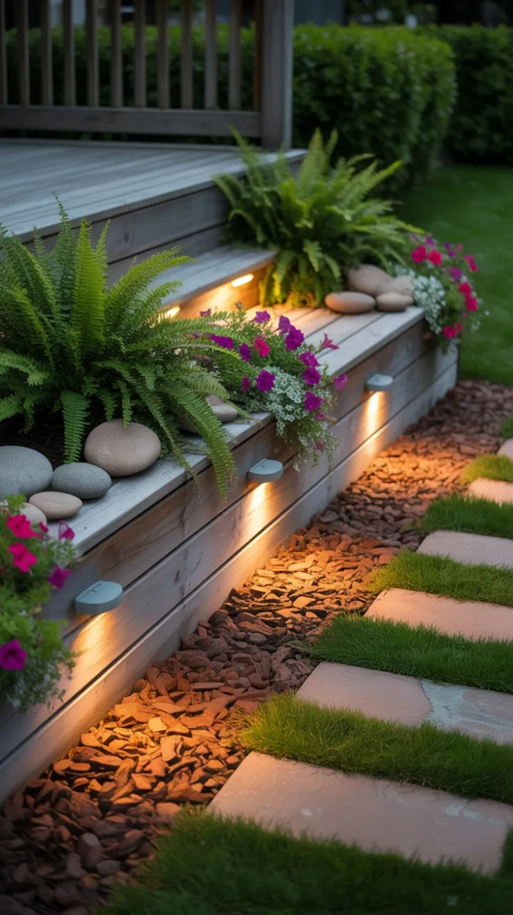 Luminous Deck Retreat with Cascading Ferns, Petunias and Warm Path Lighting