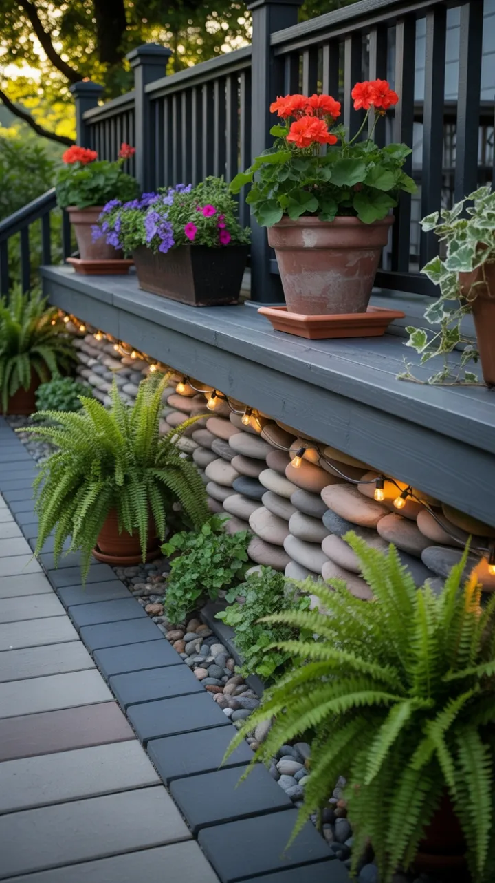 Golden-Hour Deck with Stone Skirting, Lush Ferns and Blooming Pots