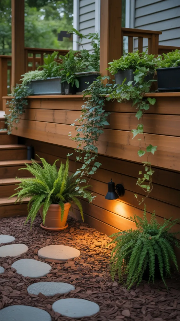 Cedar Deck Skirting Bathed in Warm Light and Lush Greenery