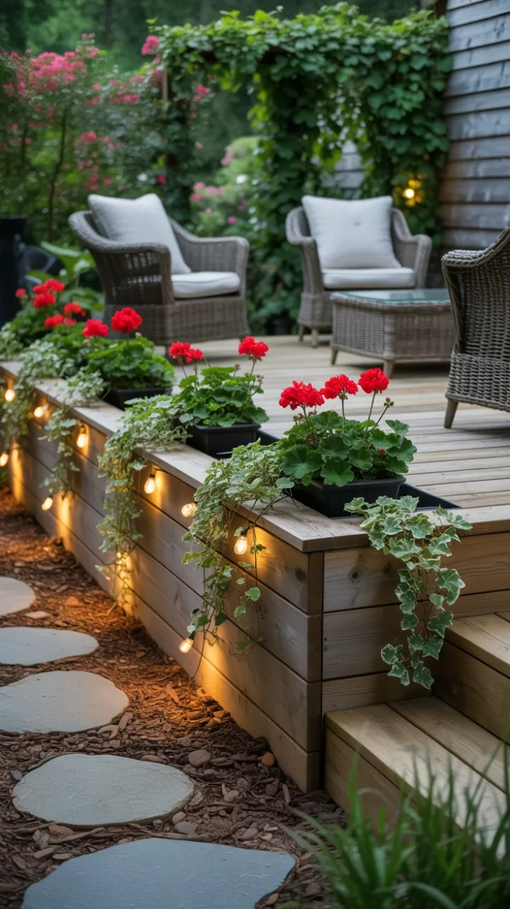Lush Rustic Deck Retreat with Geraniums, Trailing Ivy, and Twinkling Lights