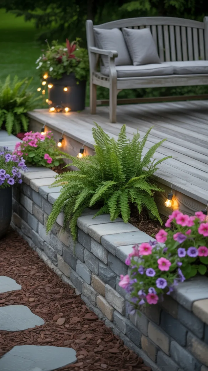 Inviting Sunset Deck Wrapped in Weathered Stone, Blooming Petunias, and Twinkling Lights