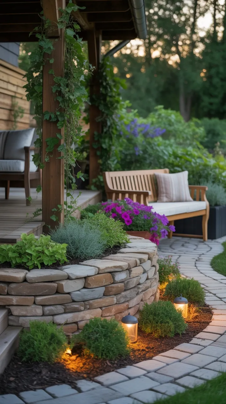 Golden Afternoon on a Stone-Skirted Deck with Cascading Ivy and Blooming Petunias