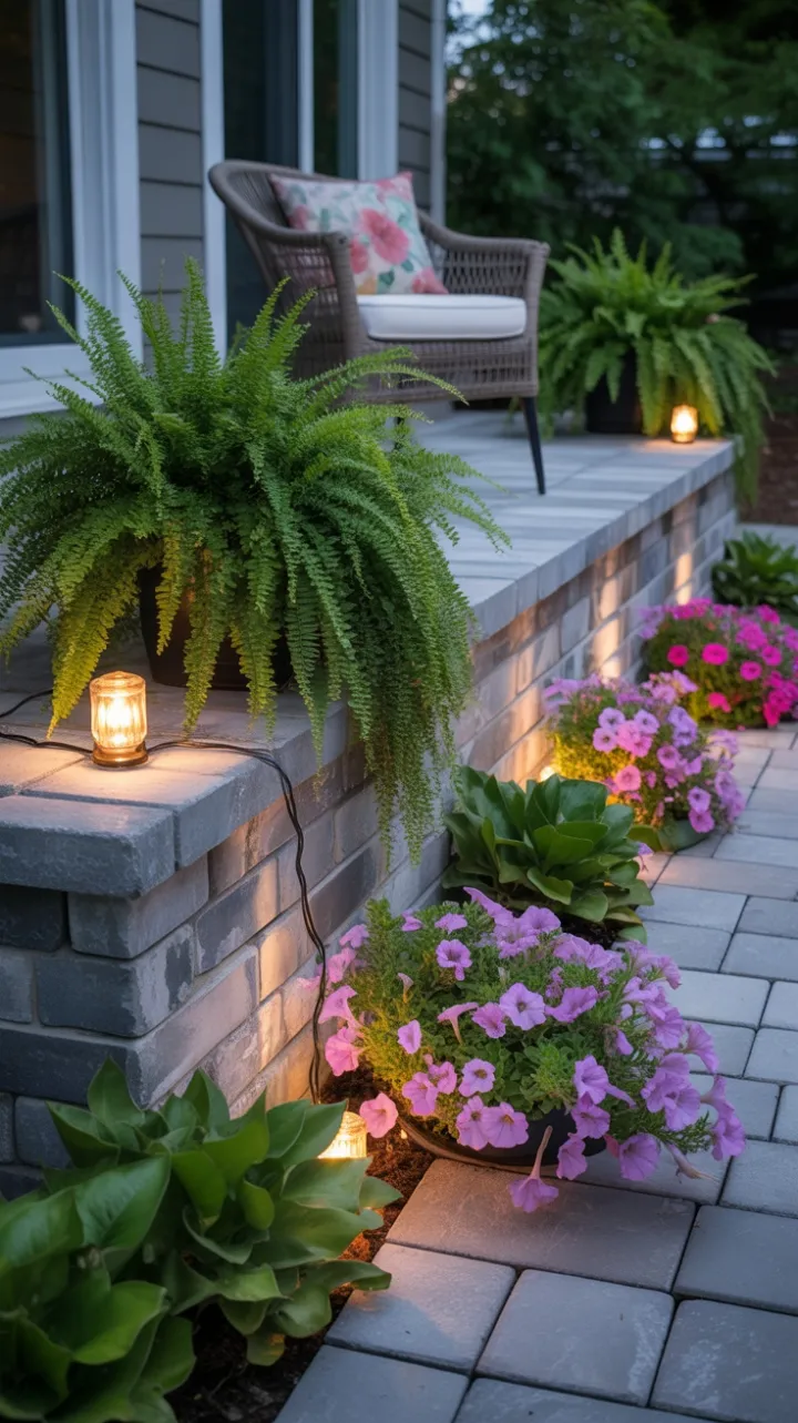 Luminous Garden Nook on Weathered Stone Deck