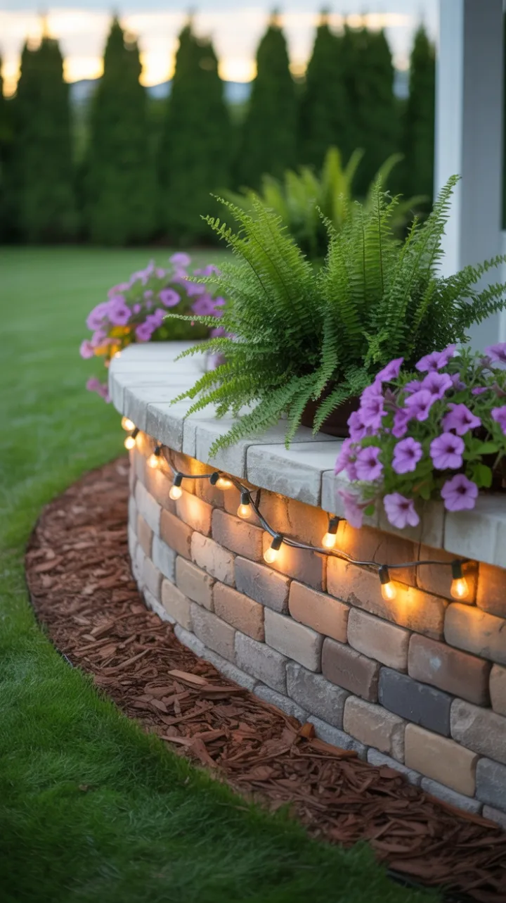 Cozy Sunlit Deck Skirting of Light Pavers, Lush Ferns and Glowing String Lights