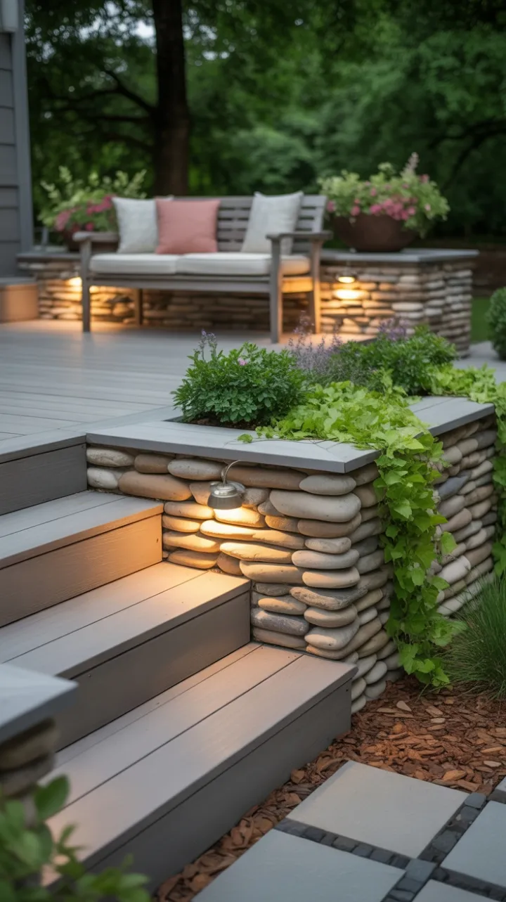 Warm-Glow Deck with River Stone Skirting and Lush Cascading Planters