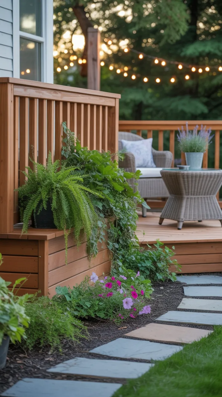 Golden-Hour Cedar Deck Retreat with Lush Skirting and Winding Stone Path