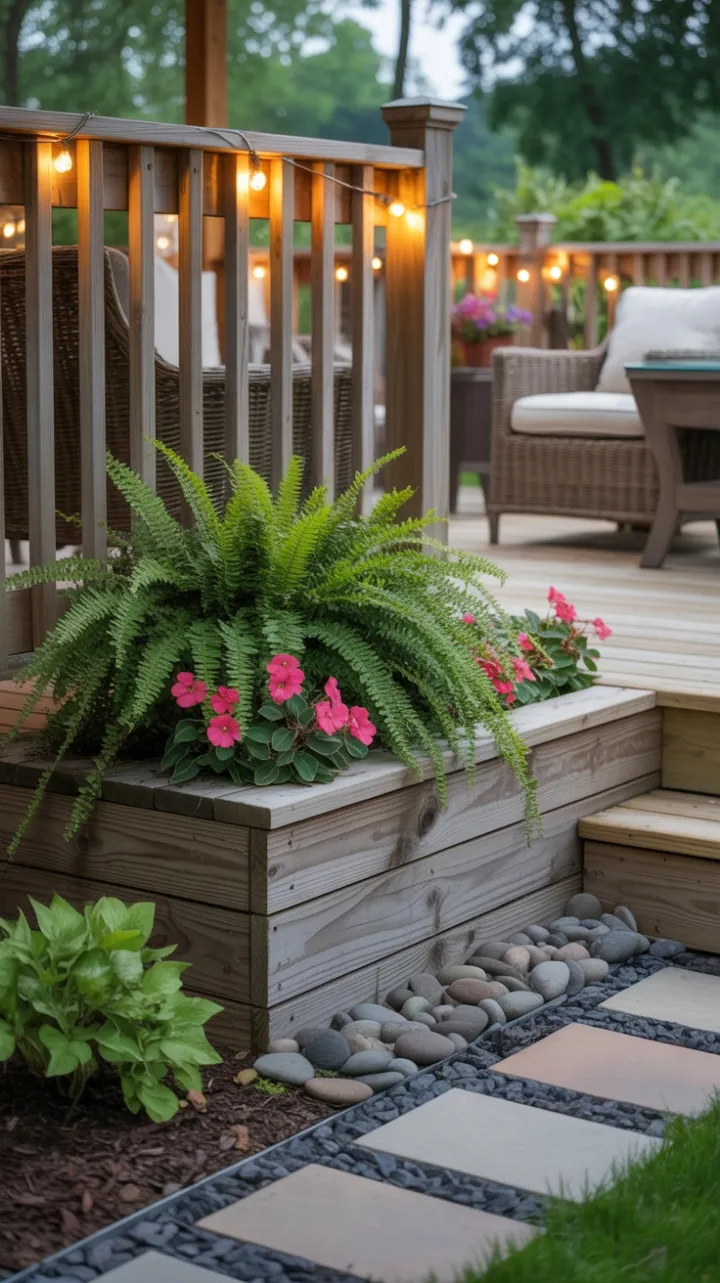 Hidden Garden Retreat with Weathered Wood Skirting and Warm String Lights