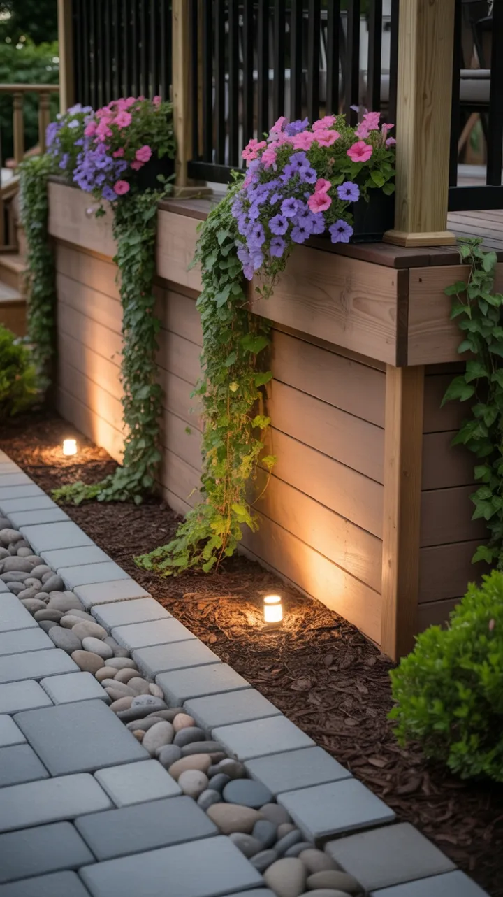 Serene Ivy-Embraced Deck with Cascading Petunias and Herringbone Pavers