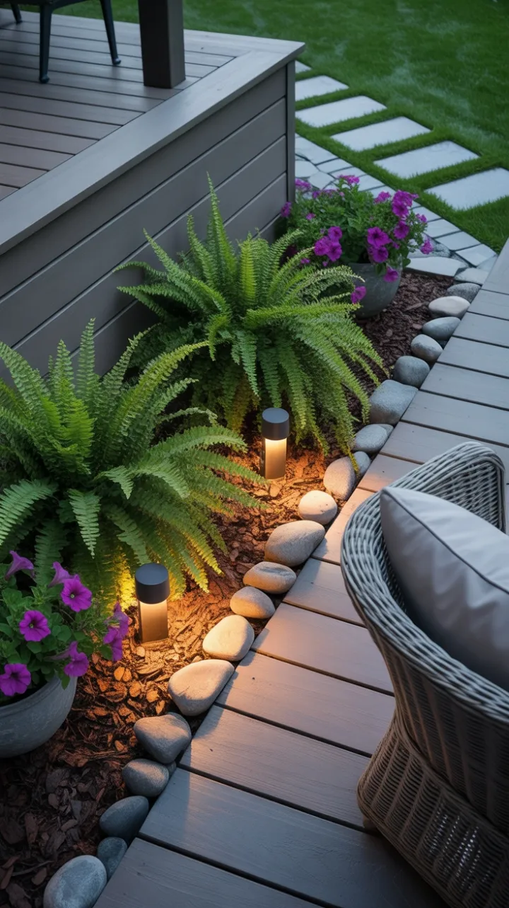 Twilight Deck Retreat with Cascading Ferns, Purple Petunias, and a Glowing Stone Path
