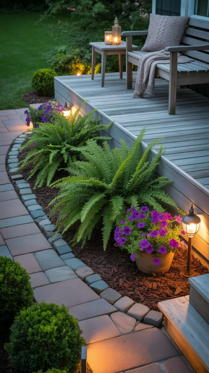 Emerald Ferns and Purple Petunias Framing a Cozy Sunlit Deck
