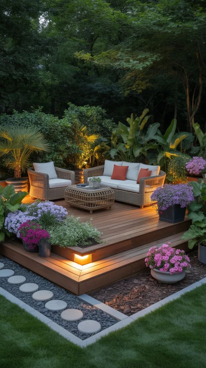 Twilight Sanctuary on a Blossom-Lined Warm Wood Deck