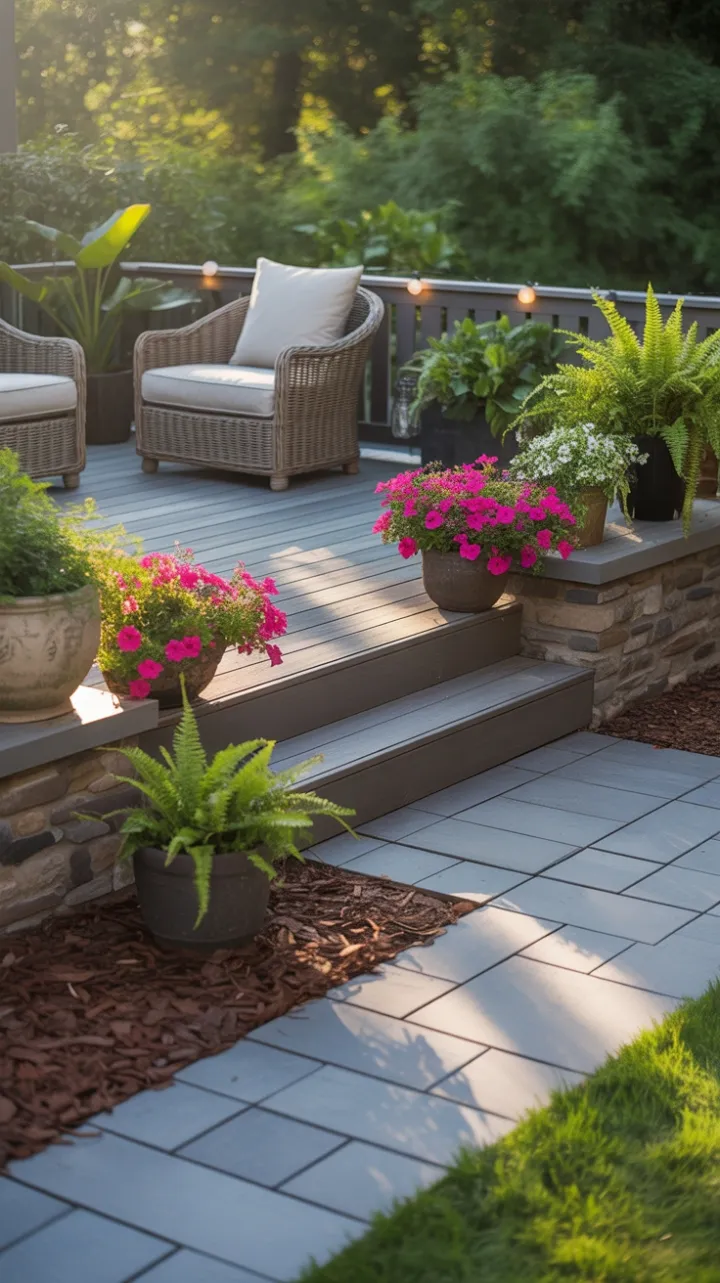 Sunlit Backyard Deck with Cozy Wicker Lounge and Fuchsia Petunias