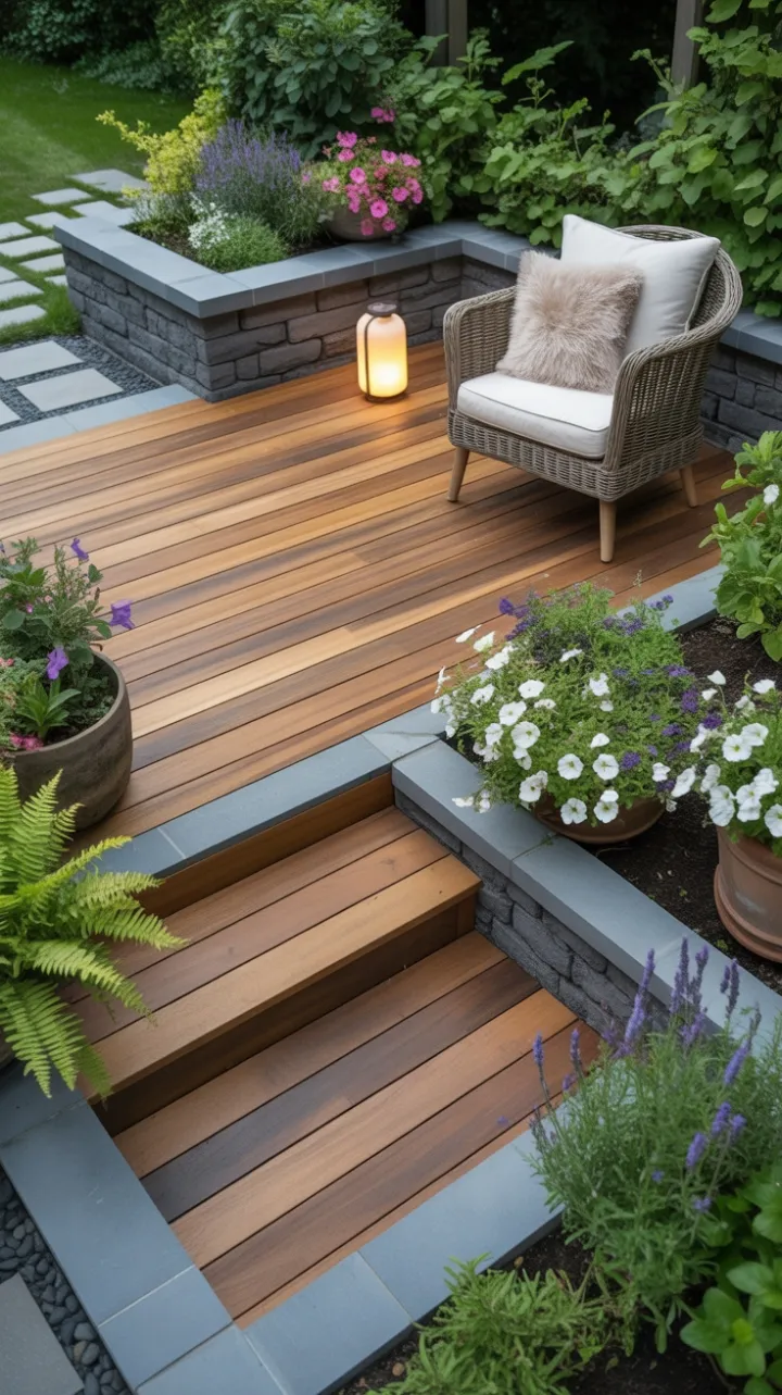 Sunlit Wooden Deck Retreat with Blooming Planters and Stone Path