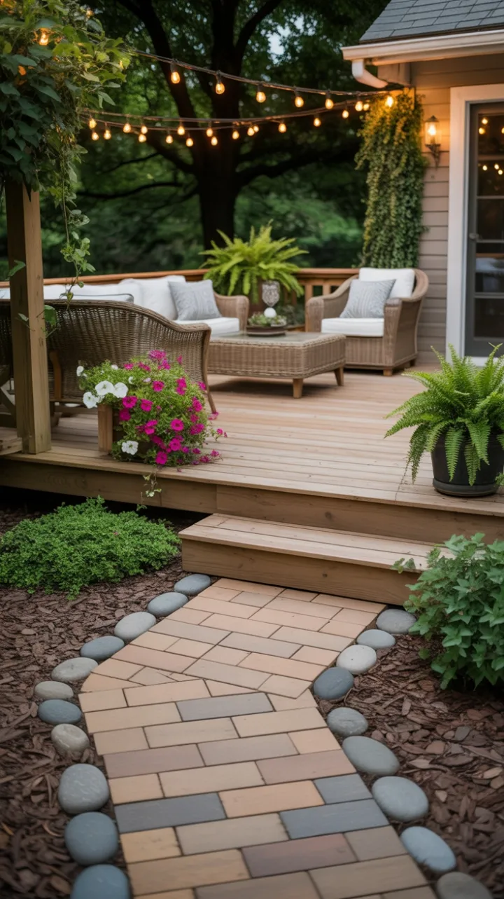 Herringbone Haven – A Cozy Deck Oasis Lit by Warm String Lights