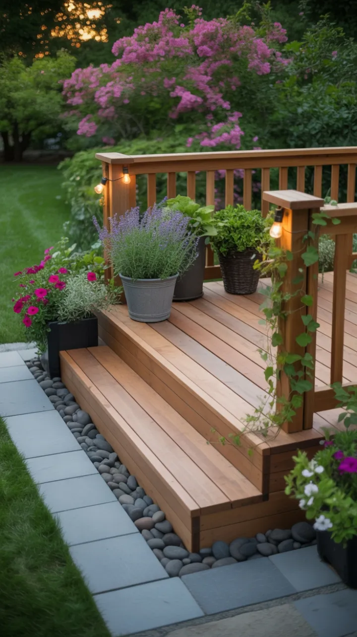 Sunlit Cedar Deck Retreat with Lavender, Petunias, and Twinkle Lights