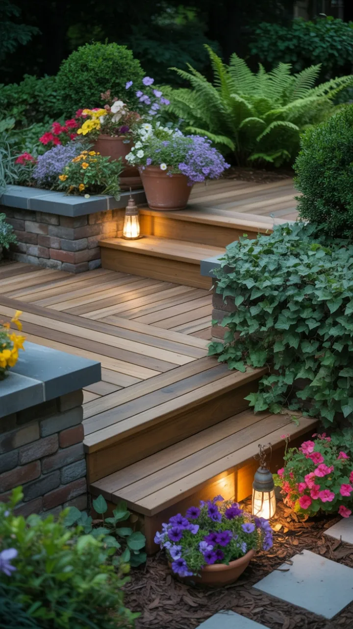 Warm Wood Deck in a Blooming Garden Oasis