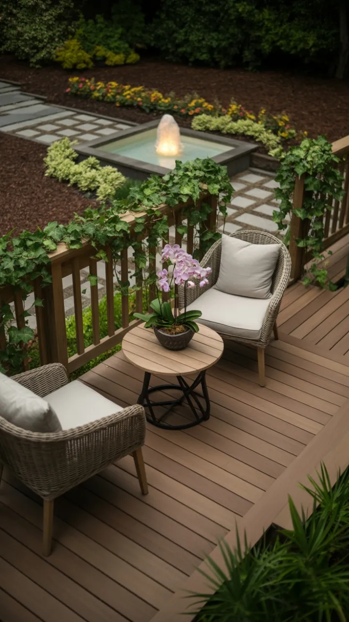 Sunlit Wooden Deck Oasis Framed by Ivy, Blooms and a Tranquil Water Feature
