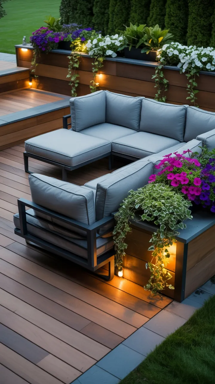 Sunlit Backyard Oasis with Cozy Modern Grey Sectional