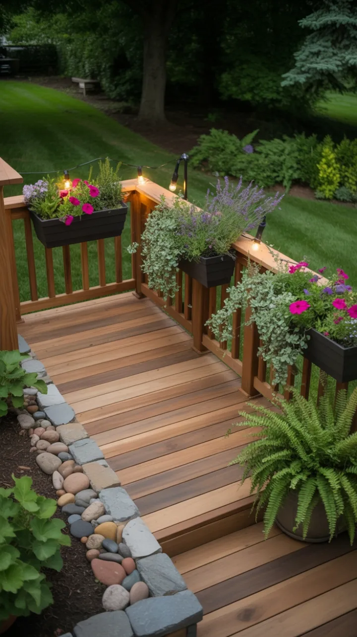 Sunlit Cedar Deck in a Lush Garden Retreat