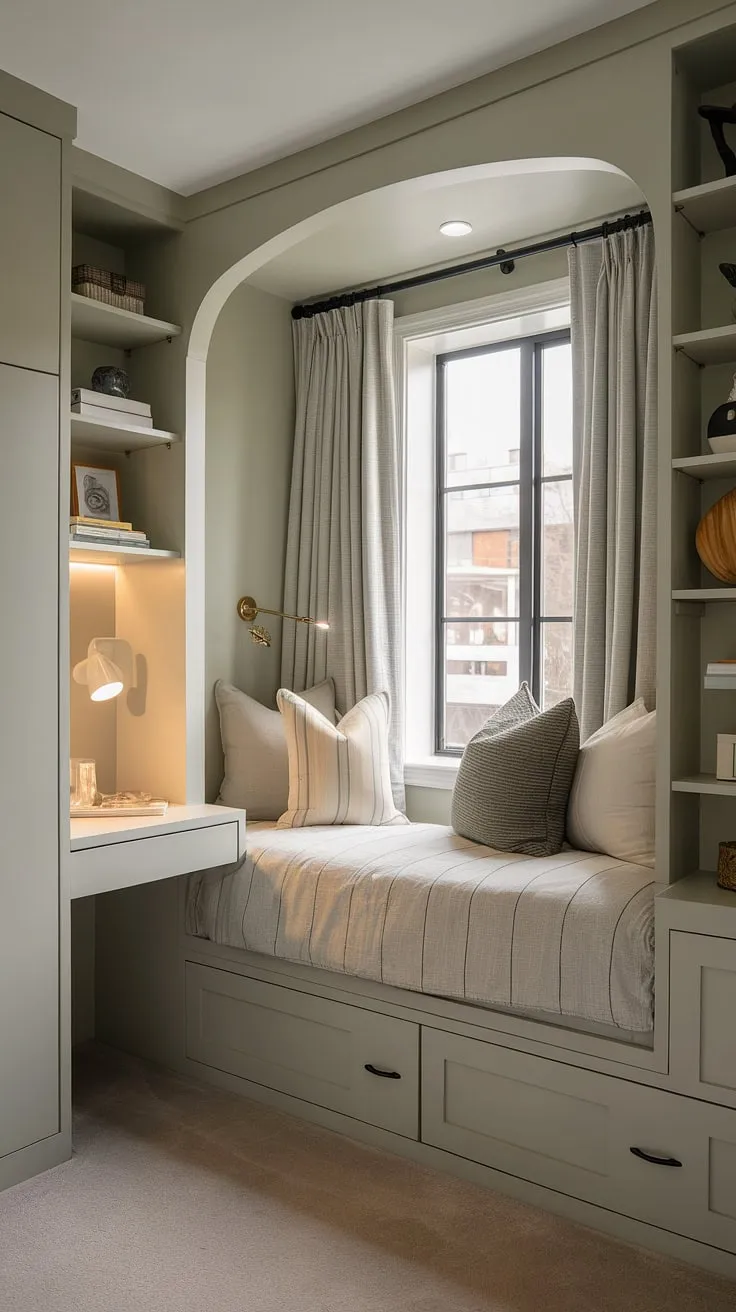 Cozy and functional, this den bedroom boasts a built-in single bed with storage, cleverly built around the window. The built-in bed for small bedroom maximizes space, showcasing brilliant compact bedroom ideas and space-saving built-in bed ideas. Built-in furniture bedroom solutions, including shelves and a desk, complete this small built-in bedroom's charming and efficient design. A built-in bed small room solution perfectly executed.