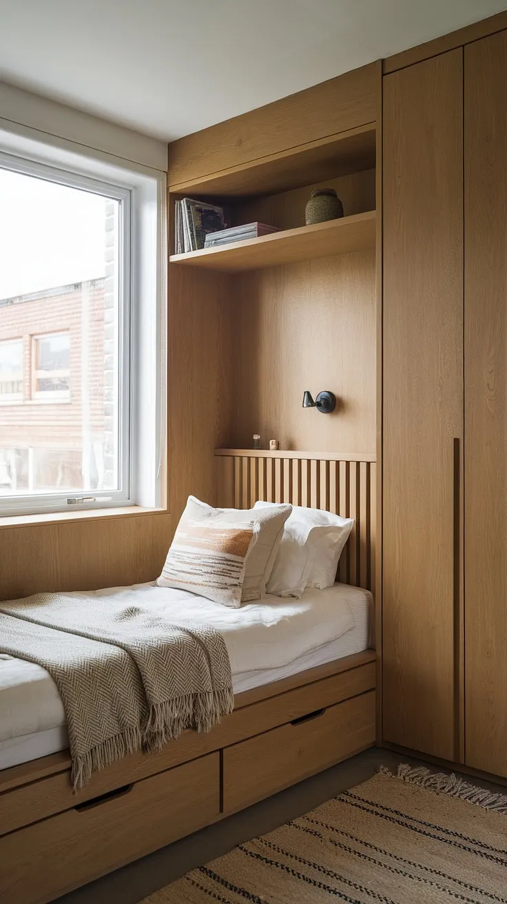 Cozy den bedroom maximized with a built-in bed around the window; clever space-saving built-in bed ideas for small rooms. This built-in single bed with storage and built-in furniture bedroom is the ultimate compact bedroom ideas solution.