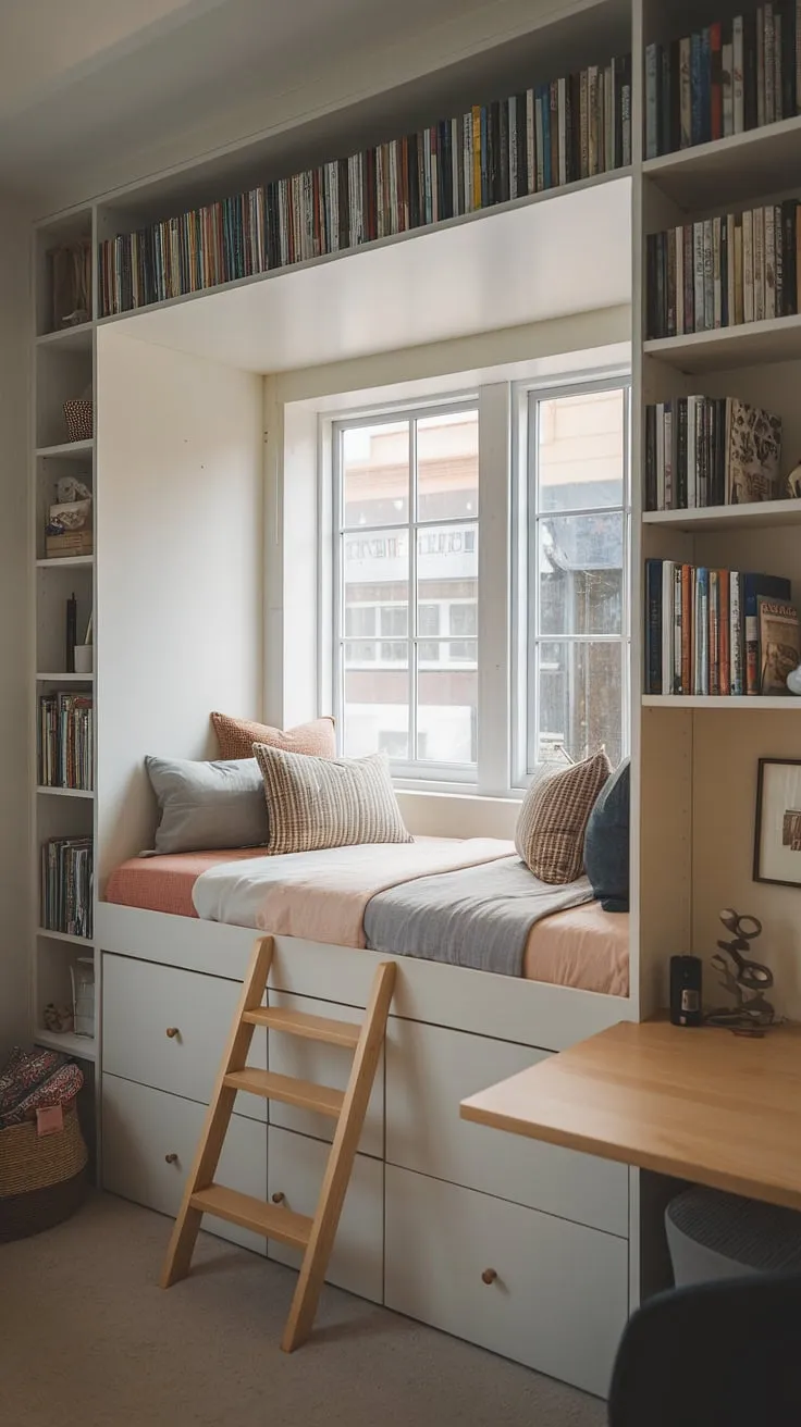 Cozy den bedroom maximized with a built-in bed around the window; brilliant space-saving built-in bed ideas for small rooms. This built-in single bed with storage and integrated desk &#038; bookshelf is the ultimate compact bedroom solution.