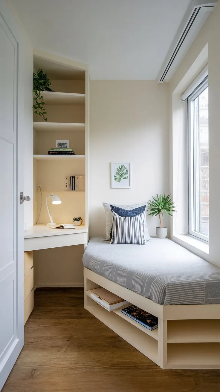 This small built-in bedroom boasts a stunning built-in bed for small bedrooms, cleverly wrapping around the window. The bed with built-in storage and integrated desk offers compact bedroom ideas and space-saving built-in bed ideas, perfect for a den bedroom or small room.