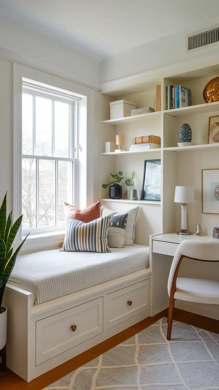 Maximize space and style in this charming den bedroom. A built-in bed for small bedroom, cleverly positioned around the window, offers ample storage beneath. The built-in single bed with storage, combined with the built-in furniture bedroom, showcases ingenious compact bedroom ideas and space-saving built-in bed ideas. The small built-in bedroom feels surprisingly spacious thanks to the clever design of the built-in bed around window. A desk and shelves complete this efficient and aesthetically pleasing built-in bed small room.