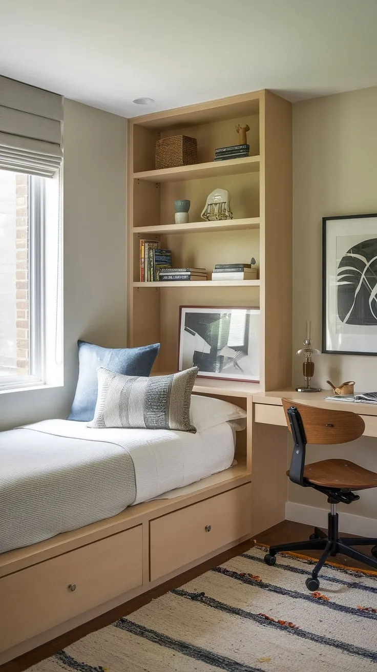 This small built-in bedroom proves that a built-in bed around a window, and built-in furniture bedroom, can create the perfect compact bedroom ideas, even with a built-in bed for small bedroom.