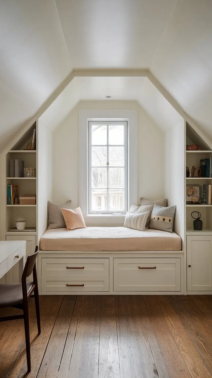 Cozy den bedroom maximized with a built-in bed around the window; clever built-in furniture bedroom solutions for small spaces. This built-in single bed with storage is the ultimate space-saving built-in bed idea, perfect for compact bedroom ideas.