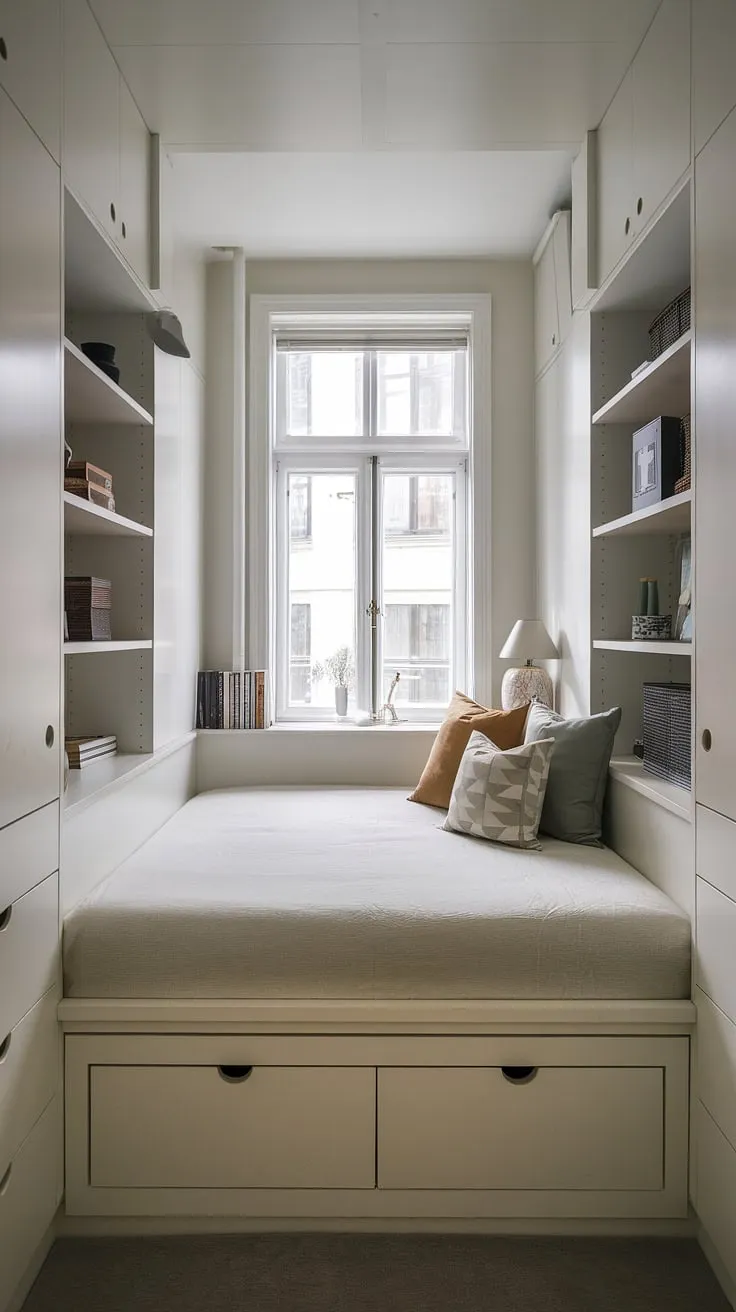 This small built-in bedroom is the epitome of efficient design. The built-in bed for small bedroom, nestled around the window, offers ample storage beneath. A perfect example of built-in furniture bedroom, this den bedroom boasts space-saving built-in bed ideas and compact bedroom ideas, making the most of a built-in single bed with storage and a bed with built-in storage.