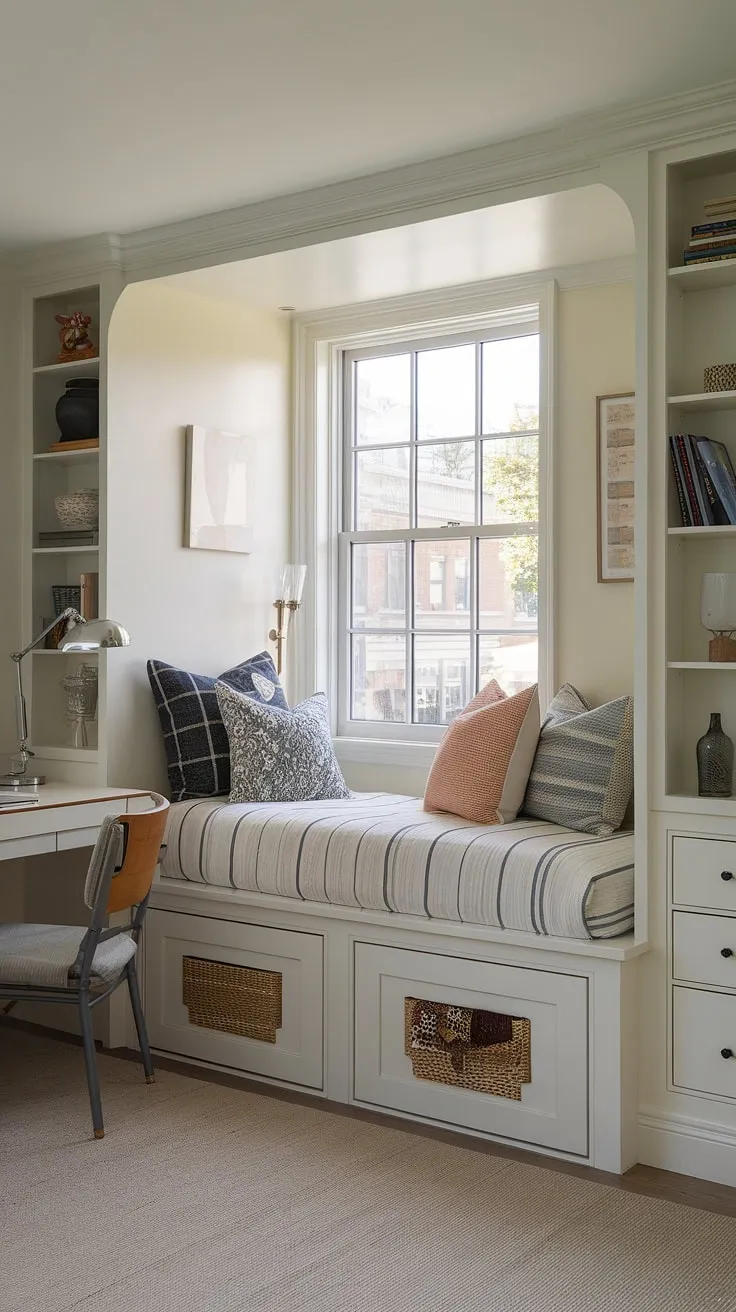 This built-in bed small room showcases ingenious space-saving solutions.  The built-in bed around window maximizes natural light and provides ample storage beneath.  This built-in furniture bedroom is a masterclass in compact bedroom ideas, featuring a built-in single bed with storage and a bed with built-in storage that's perfect for a small space.  A testament to the power of built-in bed for small bedroom design.