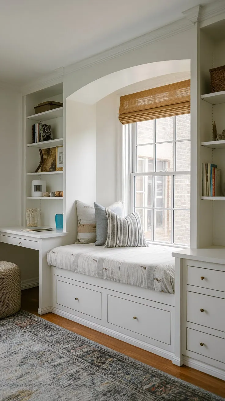Maximize space and style in this dreamy den bedroom!  A built-in bed around the window creates a cozy haven, while the built-in single bed with storage and built-in furniture bedroom offer clever compact bedroom ideas and space-saving built-in bed ideas perfect for a small built-in bedroom. This built-in bed for small bedroom is a masterclass in functionality and design.