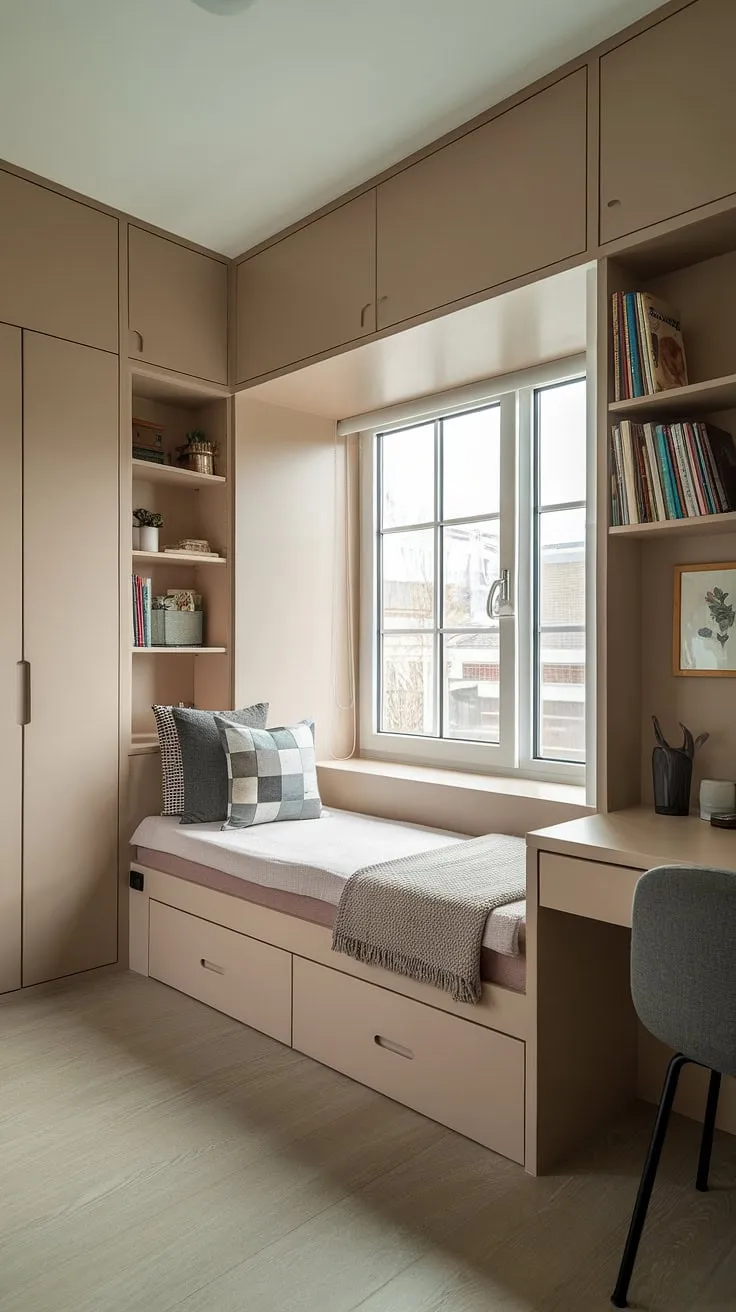 Maximize space and style in this charming den bedroom!  A built-in bed around the window creates a cozy focal point, while the built-in single bed with storage, bookshelf, and desk offer clever compact bedroom ideas and space-saving built-in bed ideas for a small built-in bedroom. This built-in furniture bedroom is the perfect example of how a built-in bed for small bedroom can transform a small room.