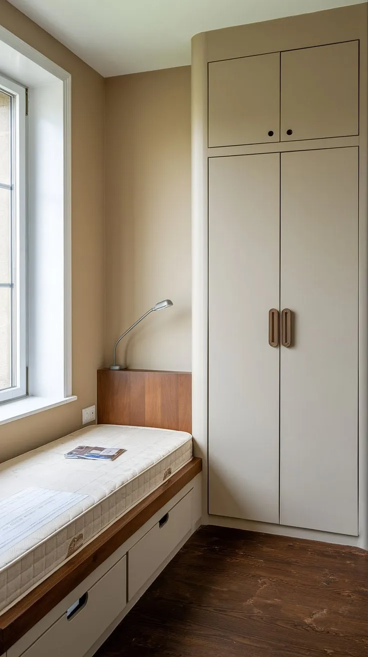 Cozy and functional, this den bedroom maximizes space with a built-in bed around the window.  The built-in single bed with storage offers a clever solution for small built-in bedrooms, showcasing compact bedroom ideas and space-saving built-in bed ideas.  The built-in furniture bedroom design seamlessly integrates a bed with built-in storage, creating a haven of calm.
