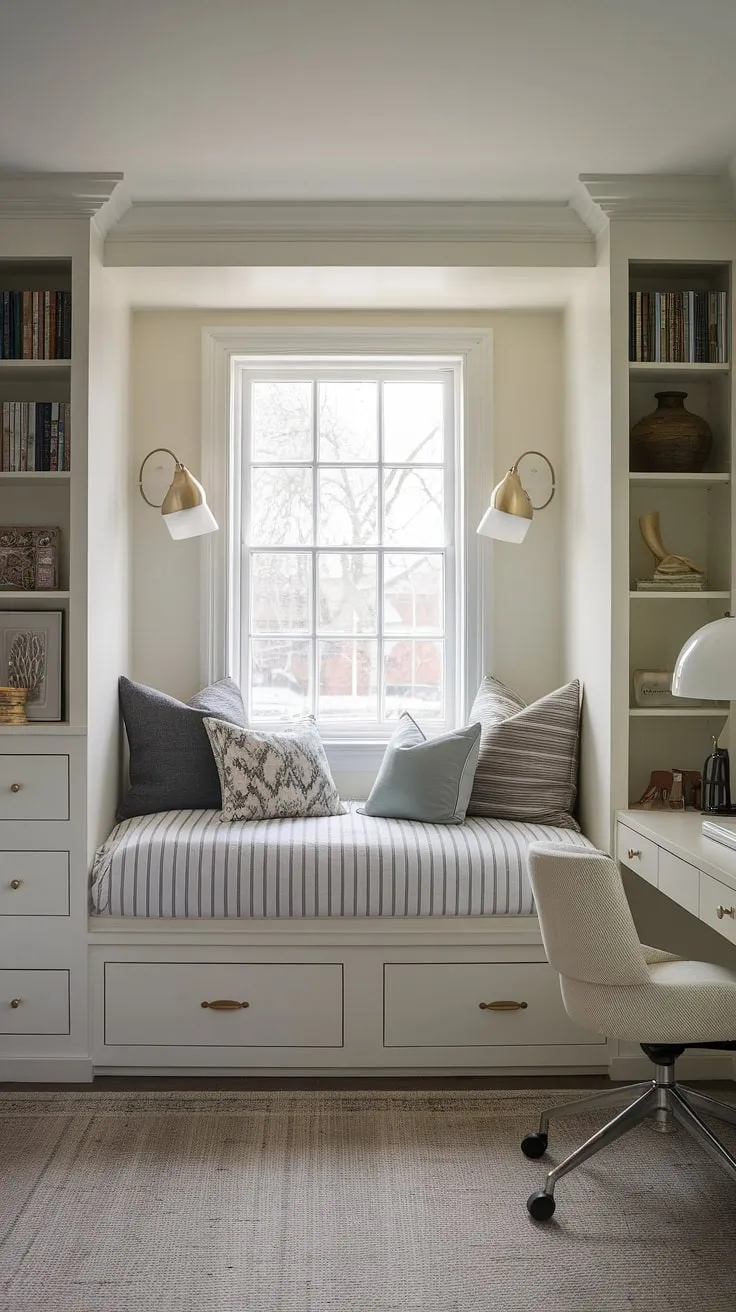 Maximize space and style in this cozy den bedroom. The built-in bed around the window, complete with storage, is the perfect space-saving solution for a small built-in bedroom. This compact bedroom design showcases built-in furniture and built-in single bed with storage ideas at their finest.