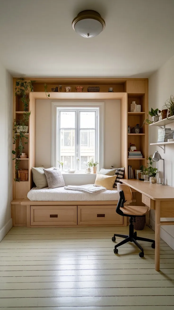 This small built-in bedroom proves that a built-in bed for a small bedroom can be stylish and functional. The built-in bed small room design, complete with storage, is a perfect example of space-saving built-in bed ideas and compact bedroom ideas.