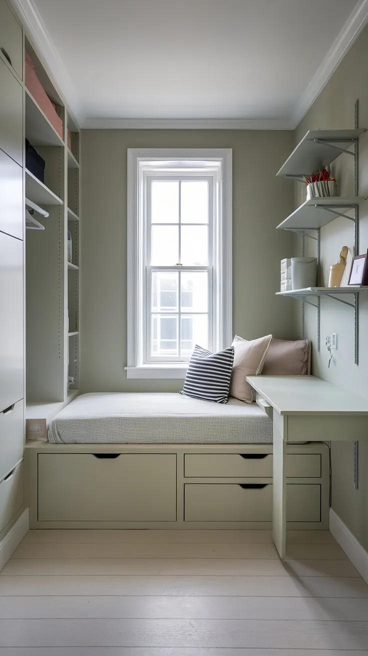 Maximize space in your small room with this ingenious built-in bed small room design. This built-in bed for small bedroom features integrated storage on either side, creating a built-in single bed with storage solution. The bed is cleverly built around the window, maximizing natural light in this compact bedroom. Wall-mounted shelves and a desk complete the built-in furniture bedroom, offering compact bedroom ideas and space-saving built-in bed ideas for a truly functional and stylish den bedroom.