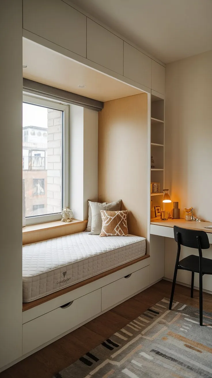 Cozy den bedroom maximized with a built-in bed around the window; brilliant space-saving built-in bed ideas for small rooms. This built-in single bed with storage offers compact bedroom ideas and clever built-in furniture bedroom solutions.