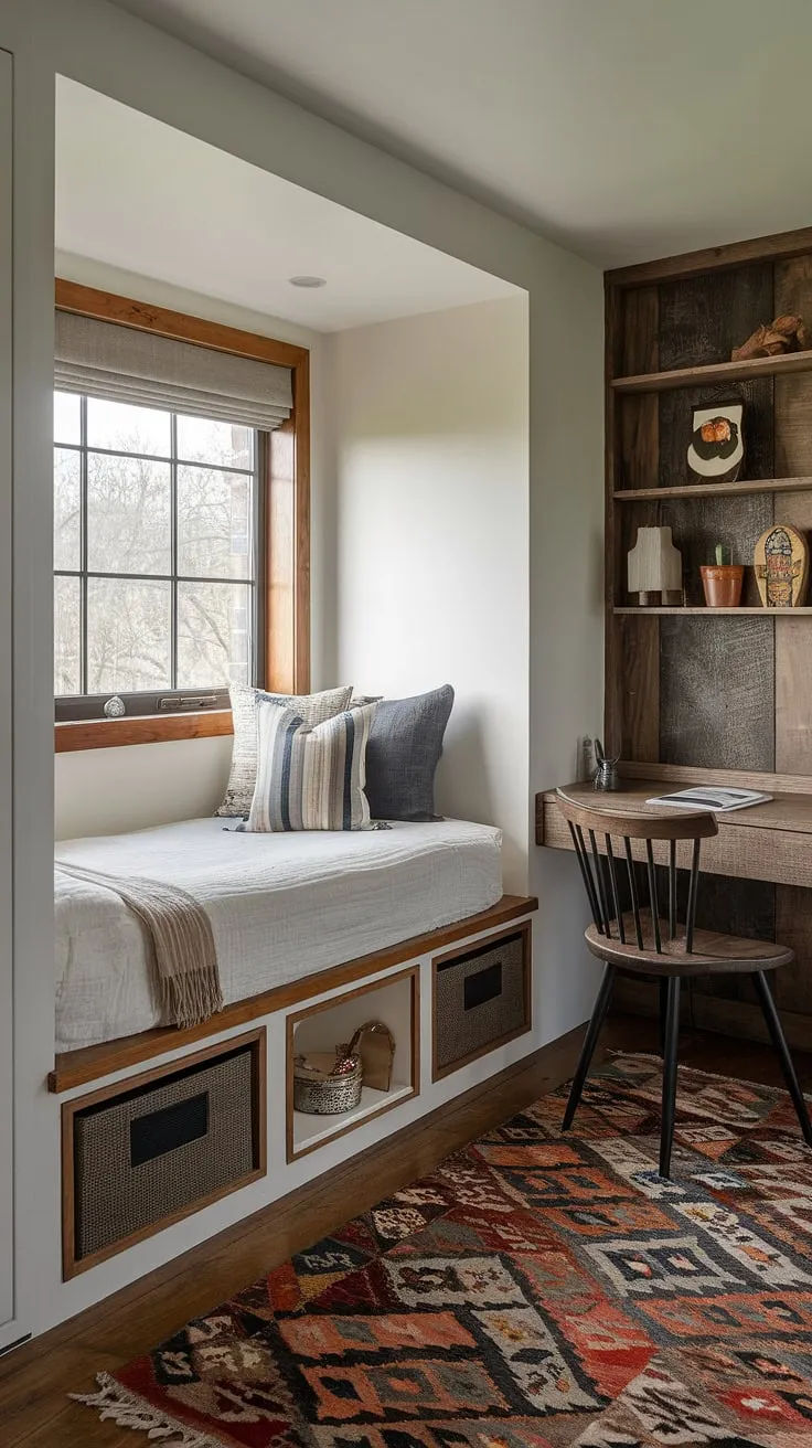 Cozy and functional, this den bedroom maximizes space with a built-in bed for small bedroom, cleverly positioned around the window. The built-in single bed with storage offers ample room for belongings, while the small built-in bedroom design incorporates a rustic desk and chair. This built-in bed small room showcases brilliant compact bedroom ideas and space-saving built-in bed ideas, proving that even the smallest spaces can be stylish and comfortable. The built-in furniture bedroom creates a seamless and efficient layout.