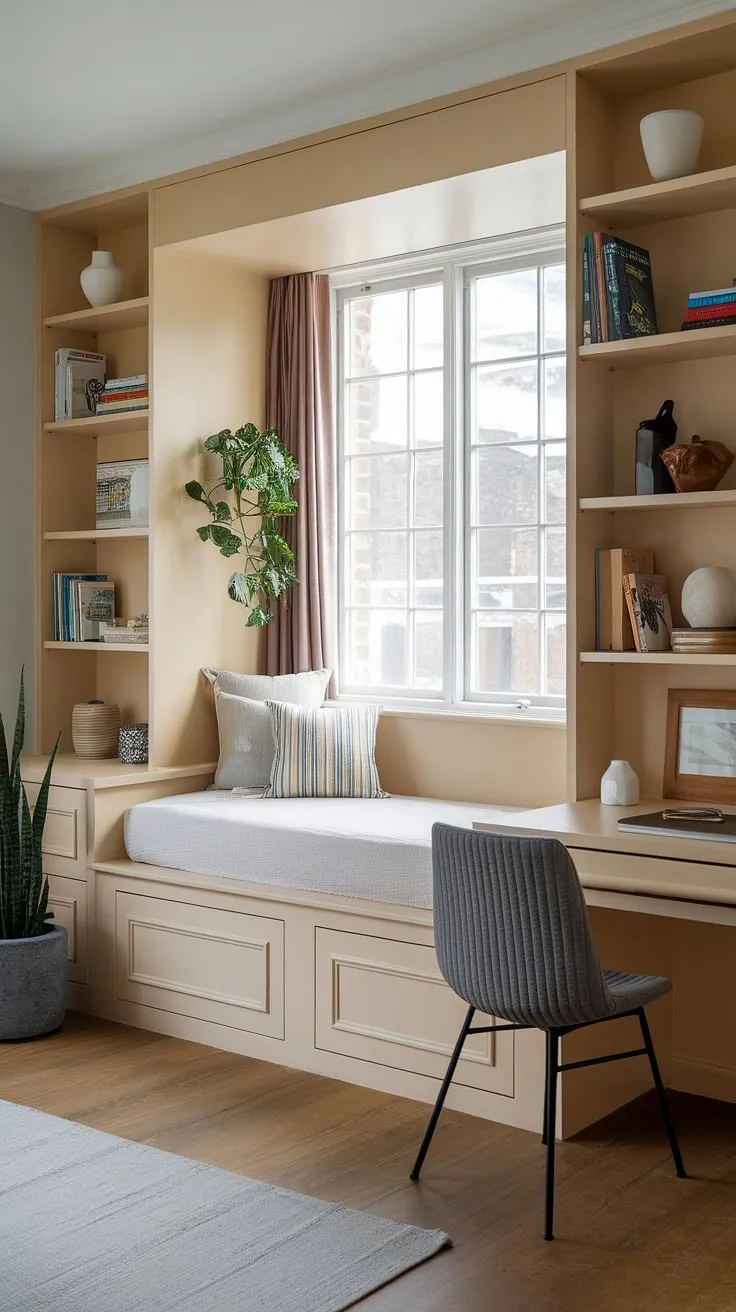 My small built-in bedroom is now a haven! This built-in bed for small bedroom, nestled around the window, offers amazing storage and proves that built-in bed small room solutions can be stylish and functional. A perfect example of compact bedroom ideas.