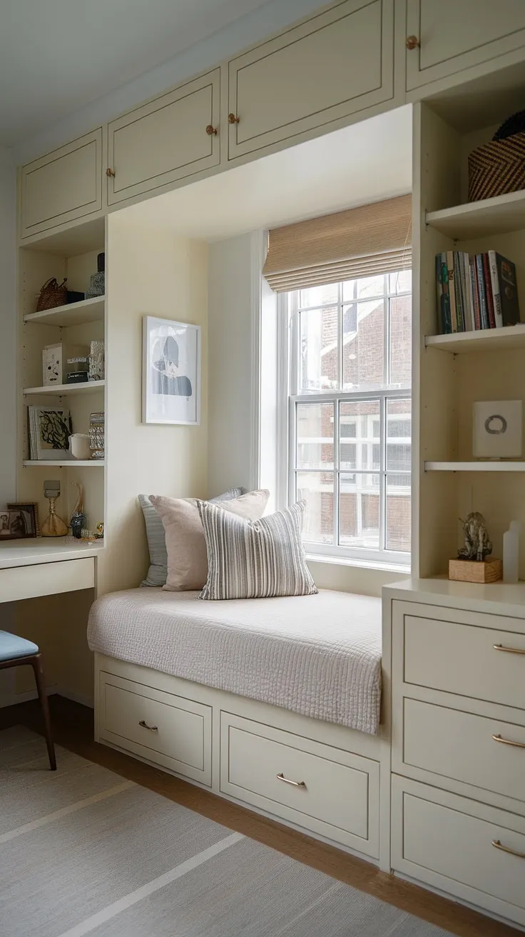 This compact bedroom ideas masterpiece features a built-in bed for small bedroom, expertly designed to fit snugly around the window. The built-in bed around window maximizes natural light while the built-in furniture bedroom, including a desk and shelves, provides ample storage. This space-saving built-in bed ideas solution is perfect for a small built-in bedroom or den bedroom. The built-in single bed with storage and bed with built-in storage offers a clever solution for a built-in bed small room, combining comfort and practicality in a truly efficient design.