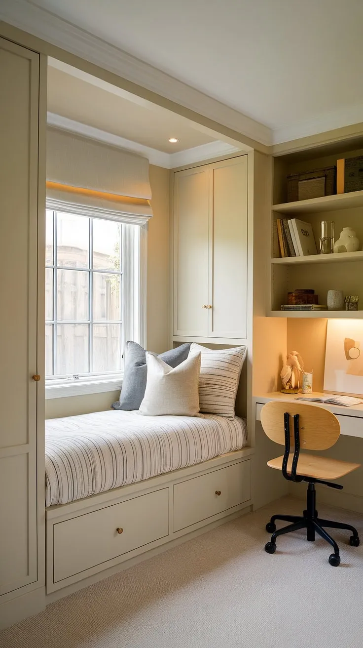 Cozy den bedroom maximized with a built-in bed around the window, offering ample storage and a surprisingly spacious feel. This small built-in bedroom showcases clever compact bedroom ideas and space-saving built-in bed ideas, featuring a built-in single bed with storage and built-in furniture bedroom.