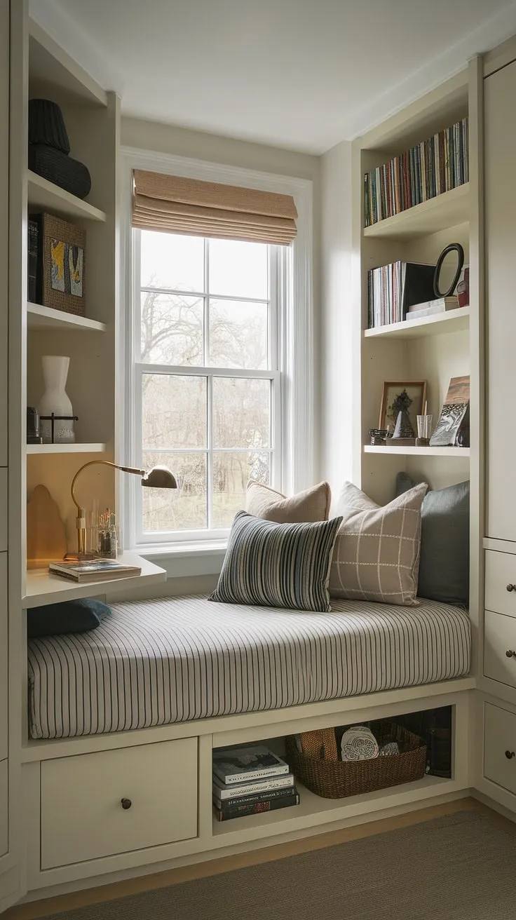 Transforming a small room into a functional and charming retreat is easy with this built-in bed for small bedroom design. The built-in bed around window maximizes natural light and creates a unique focal point in this small built-in bedroom. This built-in furniture bedroom showcases compact bedroom ideas and features a bed with built-in storage, offering a perfect solution for space-saving built-in bed ideas. The built-in bed small room design is completed with a convenient desk area.