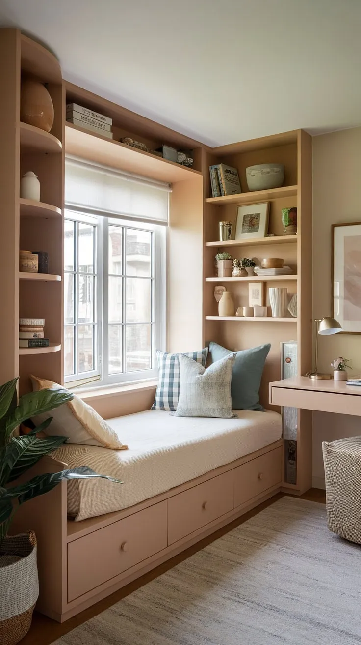 This built-in furniture bedroom is the epitome of efficient design. A built-in single bed with storage wraps around the window, creating a den bedroom that's both stylish and functional. Perfect space-saving built-in bed ideas for a small built-in bedroom, showcasing a built-in bed around window and a bed with built-in storage.