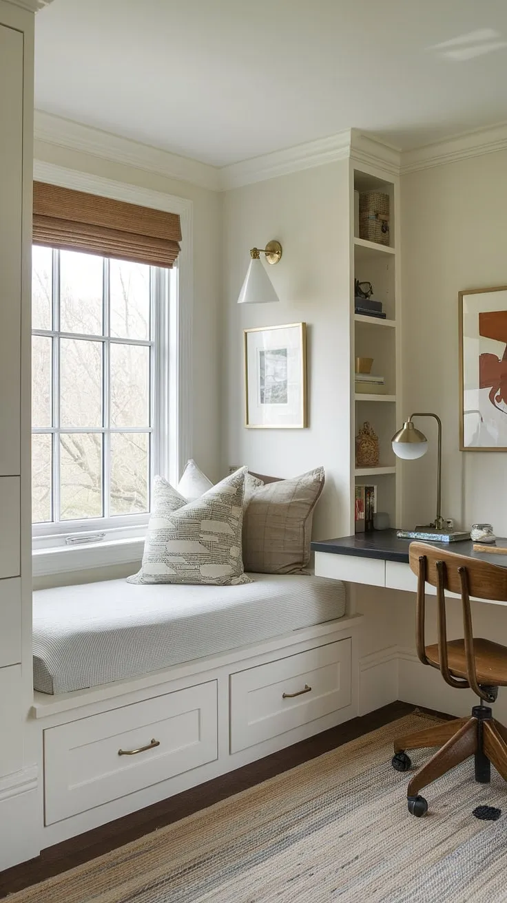 Maximize space and style in this charming den bedroom.  The built-in bed for small bedroom, nestled around the window, offers ample storage and creates a cozy retreat. This small built-in bedroom showcases clever compact bedroom ideas and space-saving built-in bed ideas, featuring a built-in single bed with storage and built-in furniture bedroom solutions.  The bed with built-in storage is the perfect example of a built-in bed around window and a built-in bed small room solution.