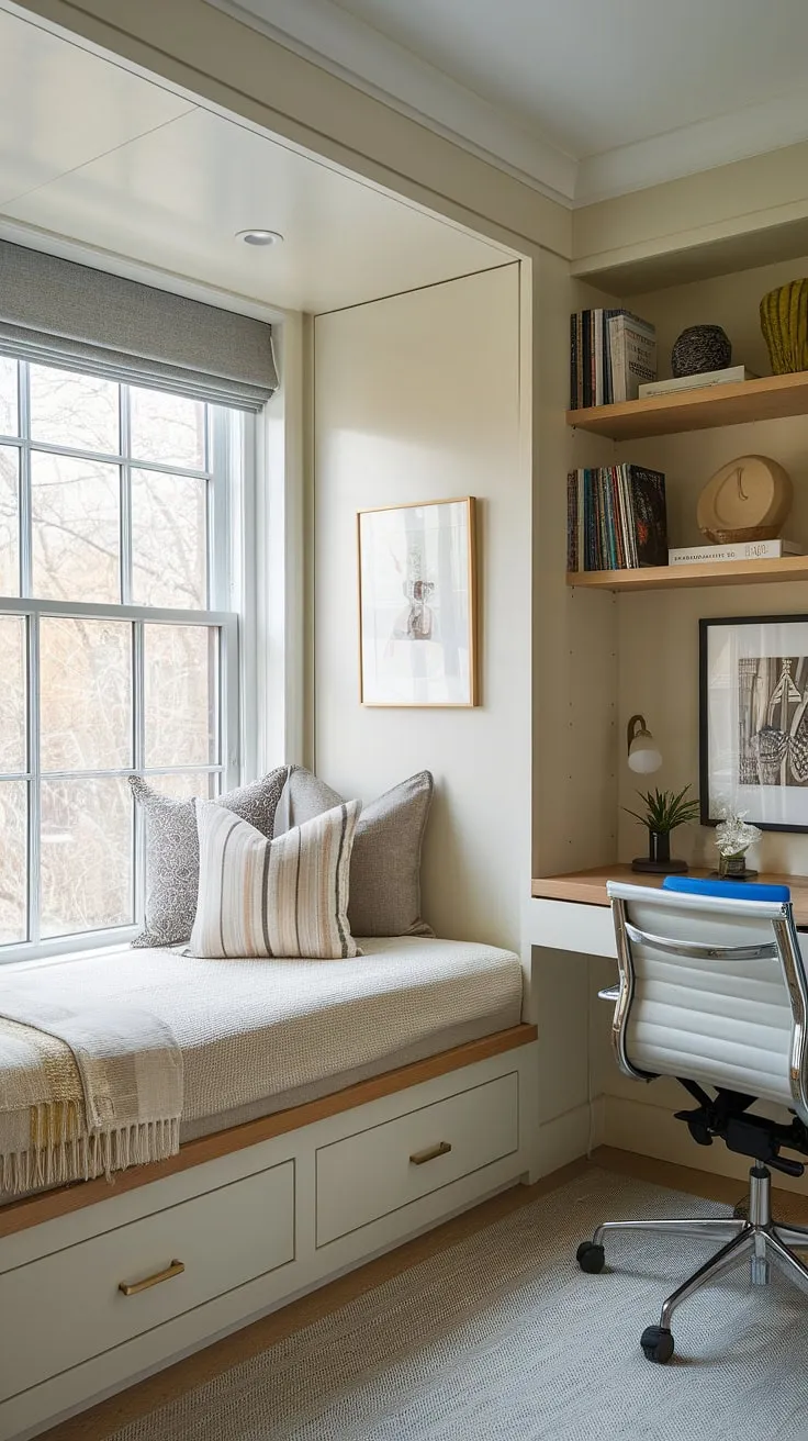 Maximize space and style in this cleverly designed den bedroom.  The built-in bed for small bedroom, nestled around the window, offers ample storage and creates a cozy retreat.  This small built-in bedroom showcases brilliant compact bedroom ideas and space-saving built-in bed ideas, featuring a built-in single bed with storage and built-in furniture bedroom solutions.  The built-in bed around window is the perfect example of a built-in bed small room design.