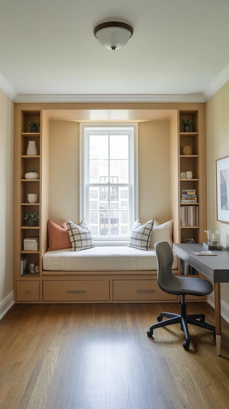 This built-in bed around window transforms a small room into a cozy and functional haven.  The built-in bed small room design cleverly incorporates storage, showcasing smart built-in furniture bedroom solutions.  A perfect example of compact bedroom ideas and space-saving built-in bed ideas, this built-in bed with storage is ideal for maximizing space in a small built-in bedroom.