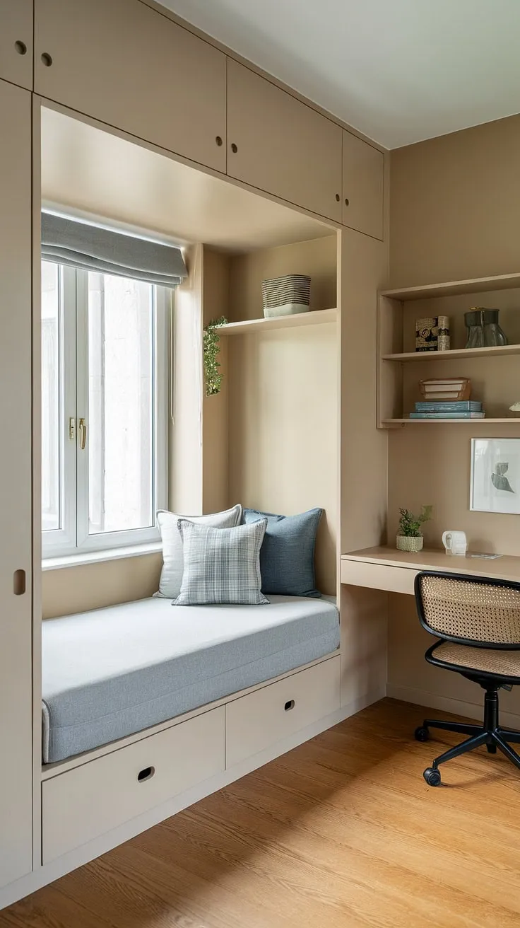 Maximize your space with this ingenious den bedroom design!  A built-in bed for small bedrooms, nestled around the window, offers ample storage beneath and shelving above.  This small built-in bedroom showcases the perfect blend of built-in furniture bedroom solutions, including a built-in single bed with storage and a compact wardrobe.  Brilliant space-saving built-in bed ideas for a truly functional and stylish compact bedroom.