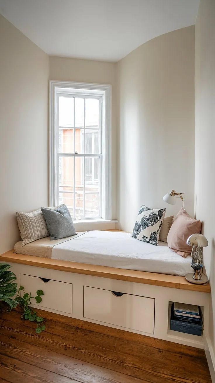 Maximize space and style in this charming den bedroom with a built-in bed around the window. The built-in single bed with storage offers clever compact bedroom ideas, showcasing a space-saving built-in bed solution perfect for small built-in bedrooms. Note the built-in furniture bedroom design and the bed with built-in storage underneath. A small potted plant adds a touch of life to this efficient built-in bed for small bedroom setup.